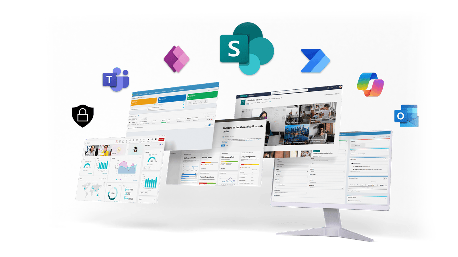 sharepoint services, microsoft teams, power apps, copilot, outlook, PowerApps and azure
